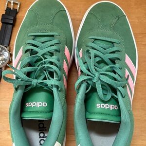 adidas Green Suede Sneakers with Pink Stripes